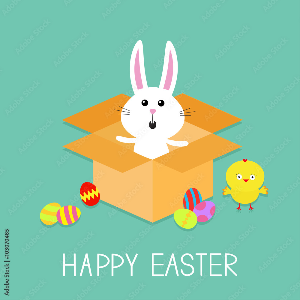 Happy Easter. Cute bunny rabbit, chicken and eggs. Paper cardboard package gift box. Flat design. Happy Easter. Cute bunny rabbit, chicken and eggs. Paper cardboard package gift box. Flat design.