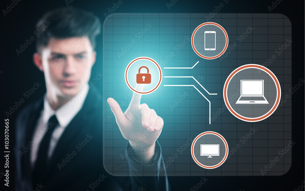 businessman pressing button on virtual screens businessman pressing button on virtual screens