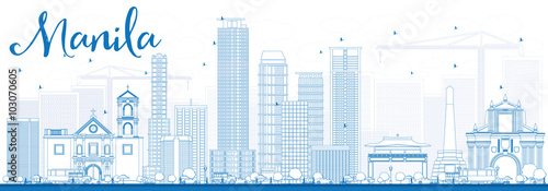 Outline Manila Skyline with Blue Buildings.