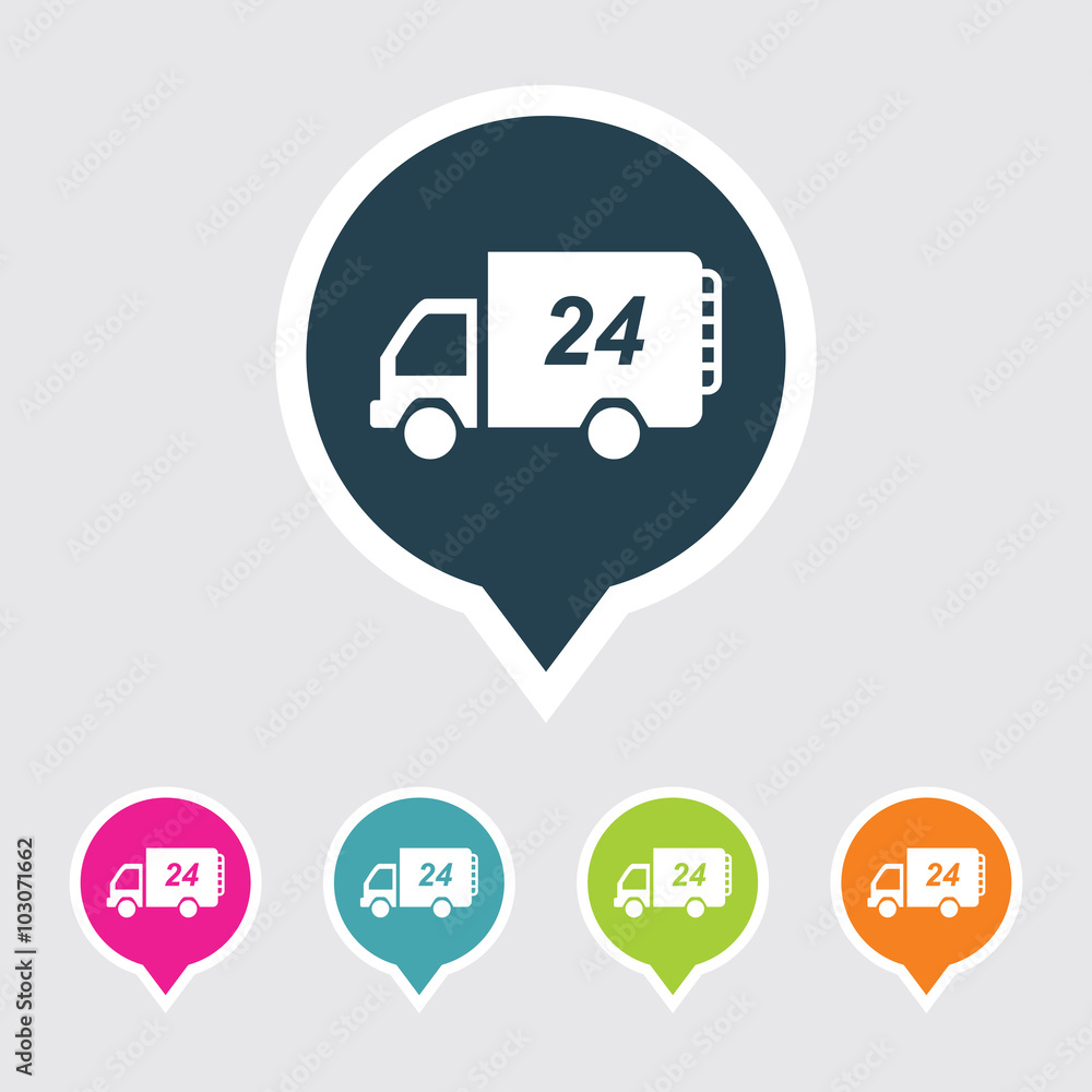 Very Useful Editable 24 Hour Delivery Van Icon on Different Colored Pointer Shape. Eps-10. Very Useful Editable 24 Hour Delivery Van Icon on Different Colored Pointer Shape. Eps-10.