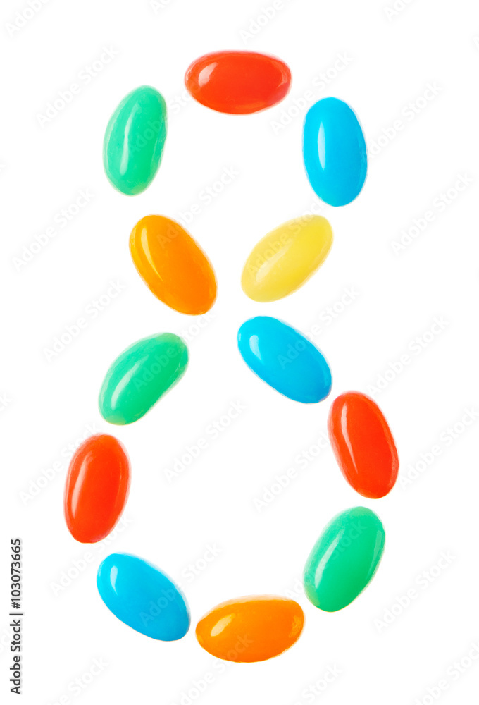 8 number made of multicolored candies isolated on white