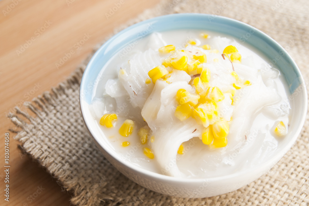 Thai dessert ,sweet corns in coconut milk prepare for serving after lunch. Thai dessert ,sweet corns in coconut milk prepare for serving after lunch.
