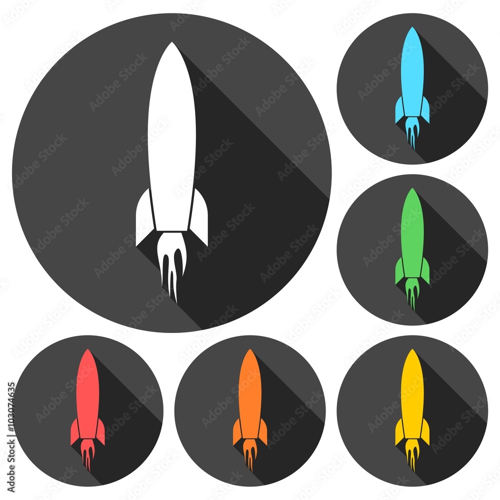 Rocket launch icons set with long shadow Rocket launch icons set with long shadow