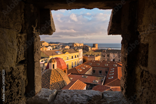 Panoramic view of Cagliari downtown at sunset in Sardinia, Italy photo