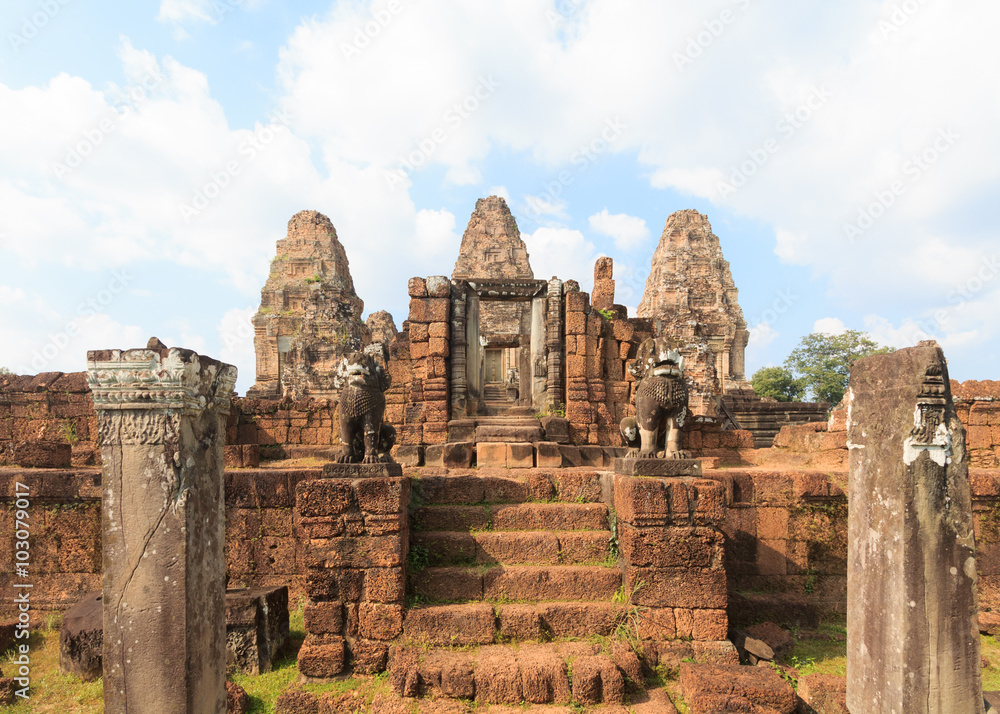 Eentrance stairs to Eastern Mebon temple at Angkor wat complex, this temple has four stone elephants at the corners, Siem Reap, Cambodia