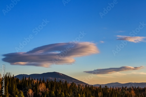 Autumn dawn over mountain and forest in Sheregesh, Siberia