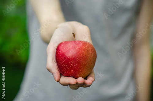 Vegetarians and fresh fruit and vegetables on the nature of the theme: human hand holding a red apple on a background of green grass