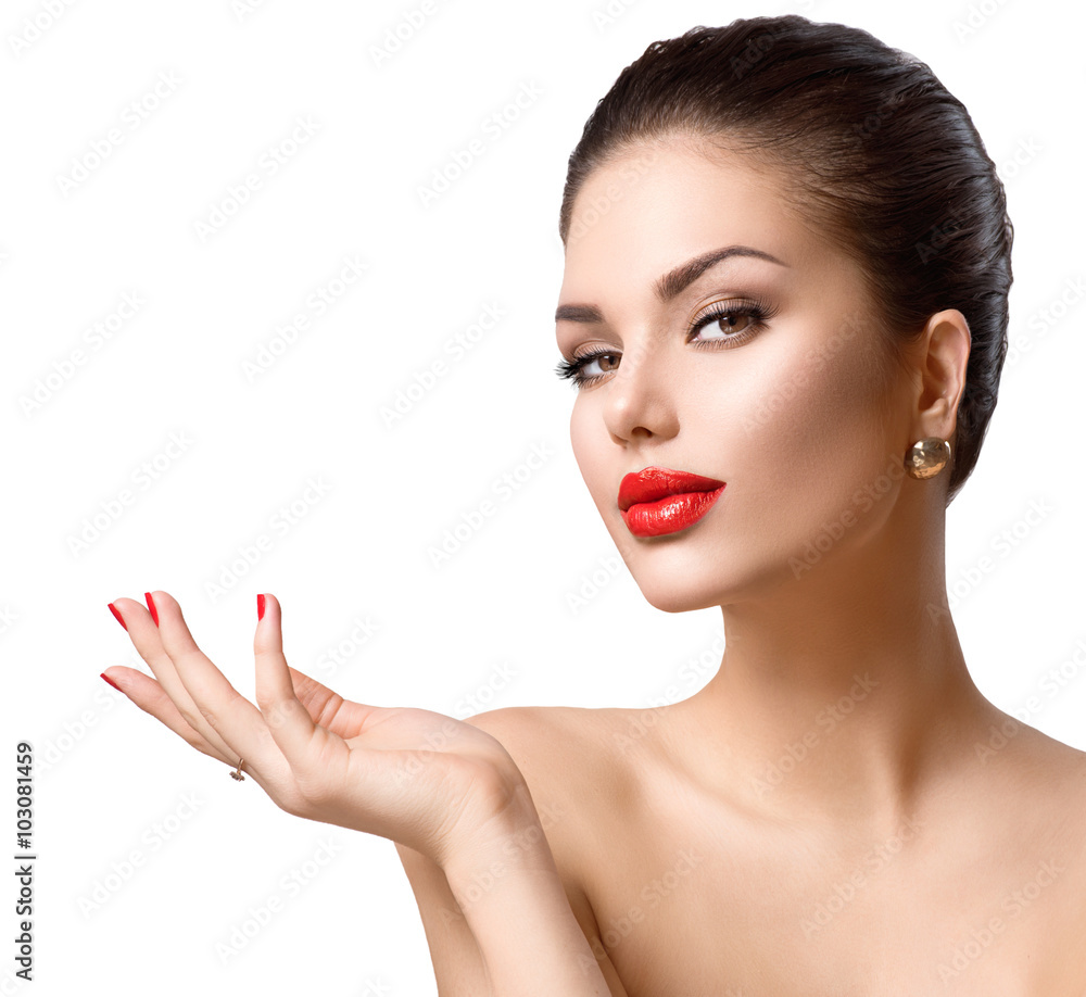 Beautiful fashion sexy girl showing copy space on the open hand Beautiful fashion sexy girl showing copy space on the open hand