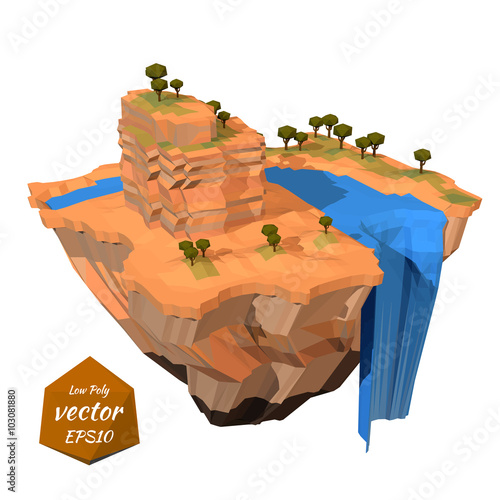 Floating island with a rock waterfall. Lowpoly style. Vector ill