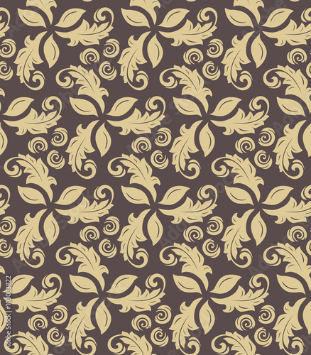 Floral vector ornament. Seamless abstract classic pattern with golden leafs and flowers