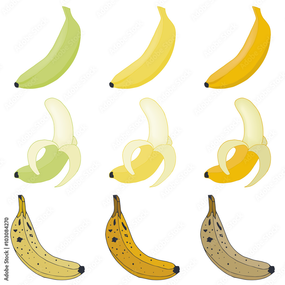 Vector set bananas, overripe banana, peeled banana