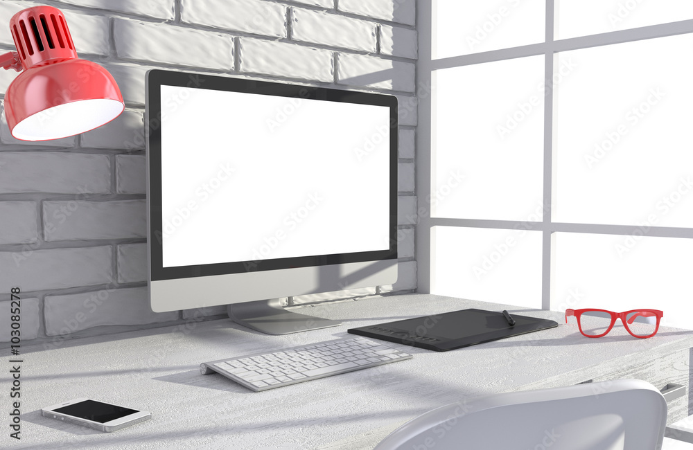 Fototapeta premium 3D illustration PC screen on table in office, Workspace
