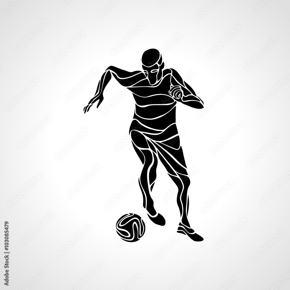 Soccer player kicks the ball. Black silhouette illustration on white background.