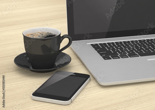 Laptop smartphone and coffee cup