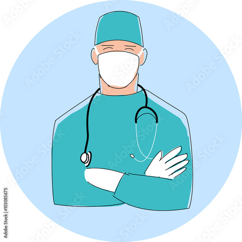 Doctor in mask. Male surgeon. Flat style design illustration with thin black outline.