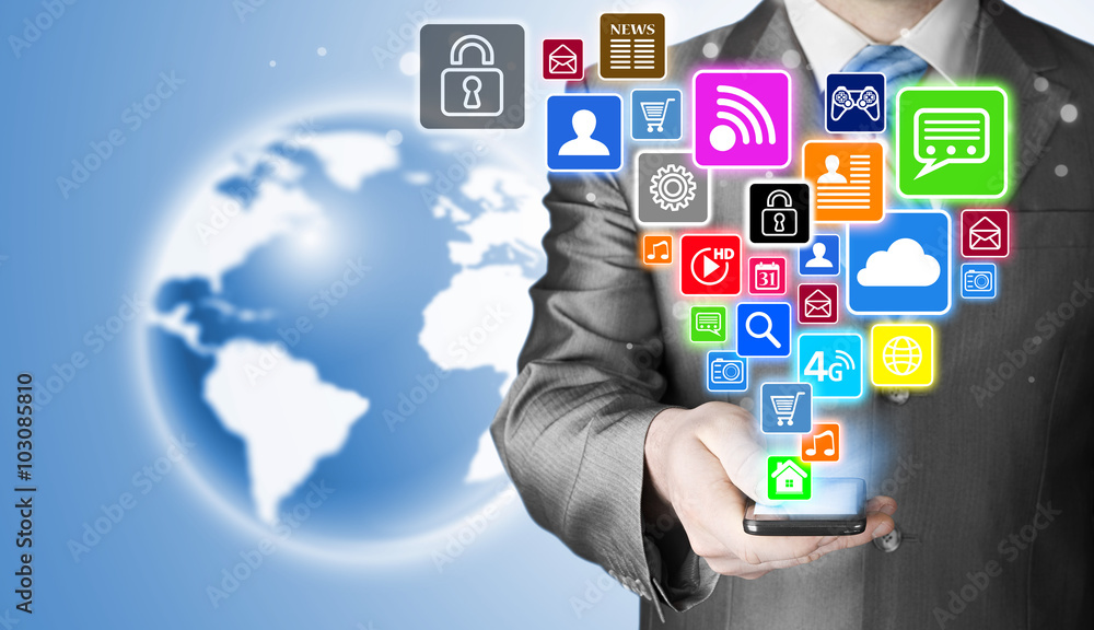 Business man using smart phone with social media icon set Business man using smart phone with social media icon set