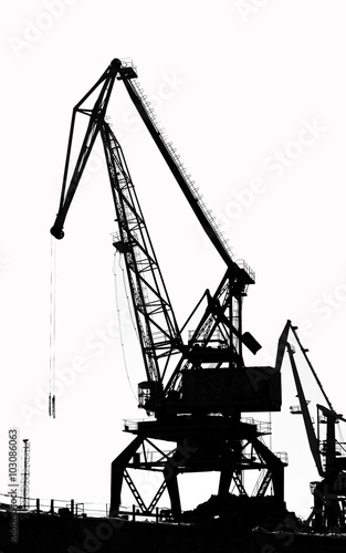 Грузовые судна-подъемные краны на реке в морском порту (черно-белая фотография) 