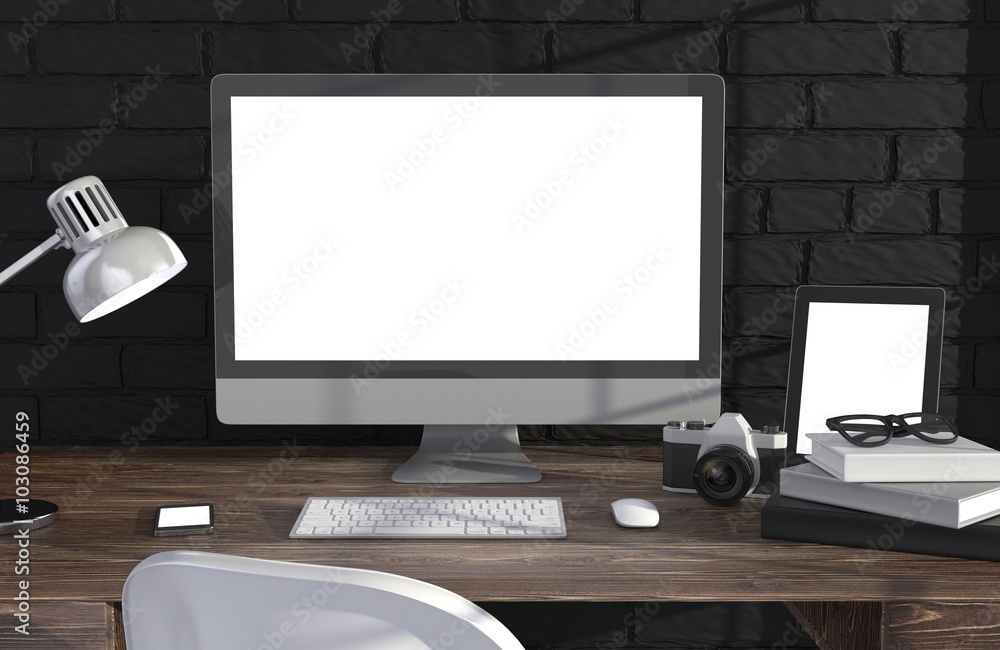 Fototapeta premium 3D illustration PC screen on table in office, Workspace