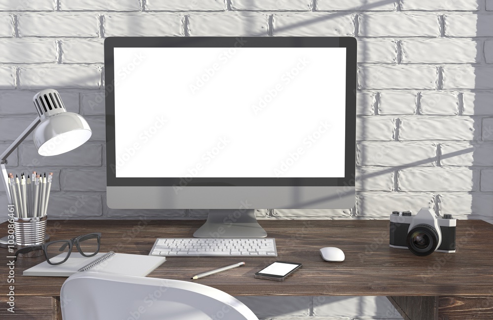Fototapeta premium 3D illustration PC screen on table in office, Workspace
