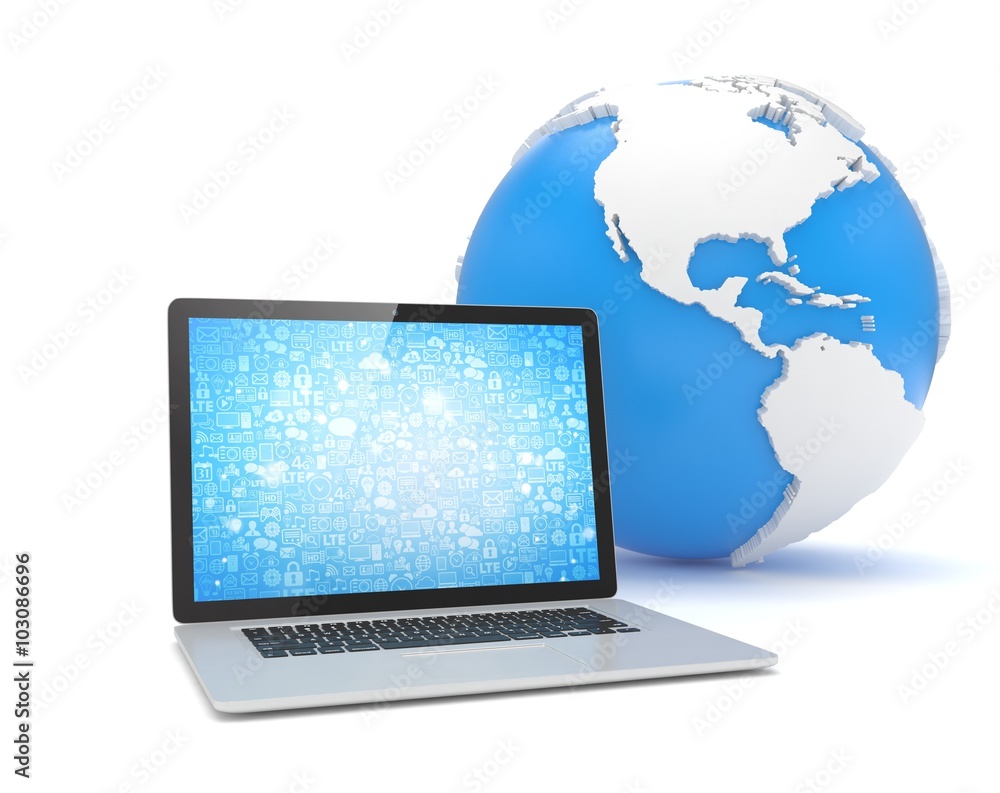 Laptop network and earth globe. 3d render Laptop network and earth globe. 3d render