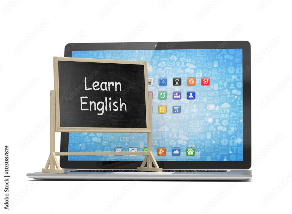Laptop with chalkboard, learn english, online education concept Laptop with chalkboard, learn english, online education concept