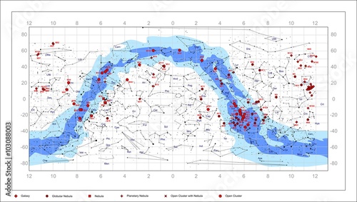 Messier Catalogue deep sky objects. It contains constellations, the names of constellations, nebulae, galaxies, star clusters. Everything in editable vector layers.