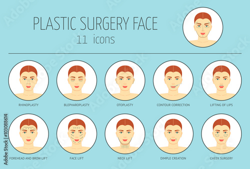 11 icons of plastic surgery face. Flat design. Vector