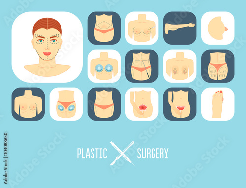 Plastic surgery icon set. Plastic surgery banner, background, poster, concept. Flat design. Vector