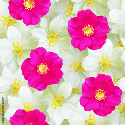 Seamless pattern background of pink wild roses and white jasmines © artant
