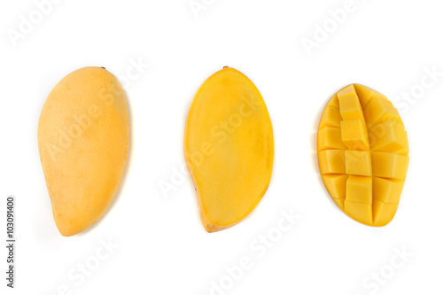 yellow mango slices isolated on white background