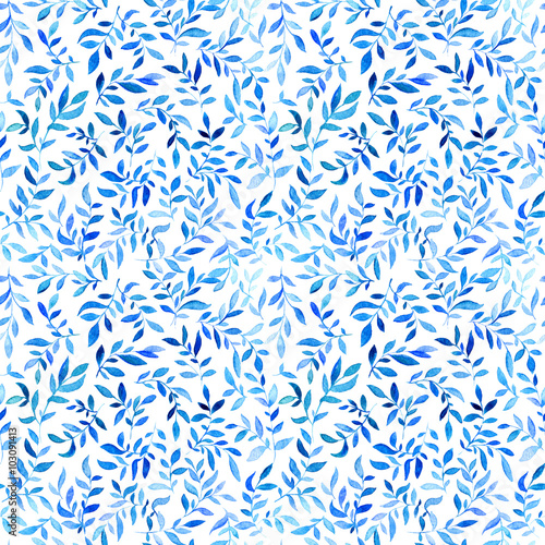 Watercolor seamless pattern with blue, azure leaves. Floral pattern with watercolor. 
