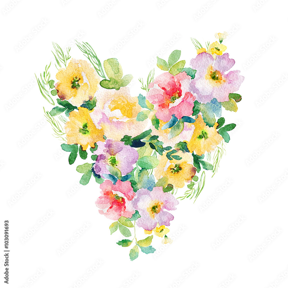 Heart of flowers. Watercolor illustration. Beautiful flowers. Also can be used for wedding design, Valentine's day, birthday, mother's day and so on.