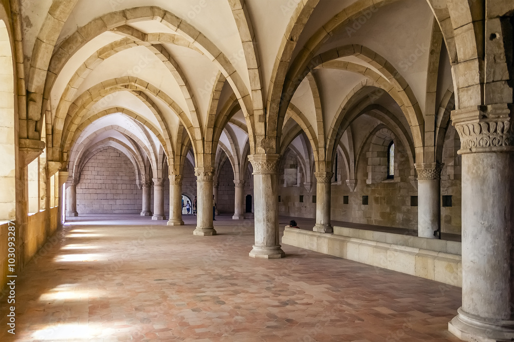 Alcobaca, Portugal - July, 2015: Monks Dormitory of the Alcobaca Monastery. Masterpiece of the Gothic architecture. Cistercian Religious Order. Unesco World Heritage.