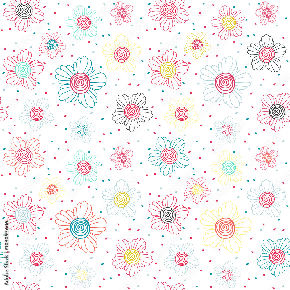 Doodle flowers. Spiral middle. Seamless pattern.