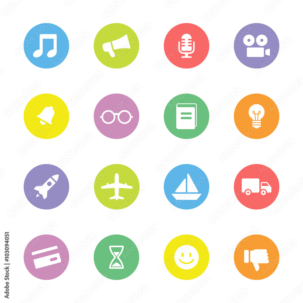 Colorful simple flat icon set 5 on circle for web design, user interface (UI), infographic and mobile application Colorful simple flat icon set 5 on circle for web design, user interface (UI), infographic and mobile application