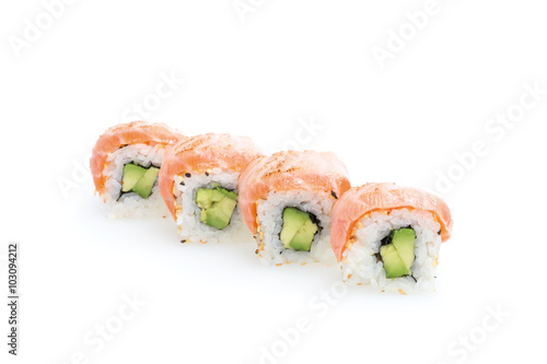 Lachs Sushi, auf weißem Hintergrund, Foodfotografie