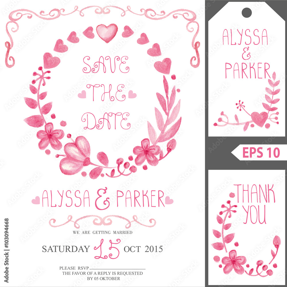 Wedding invitation card set.Watercolor pink floral  wreath