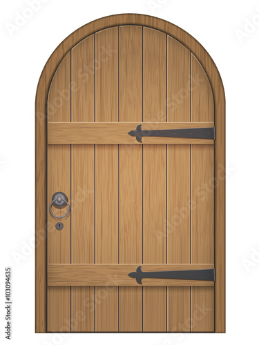 Old wooden arch door. Closed door, made of wooden planks, with iron hinges. Vector isolated illustration.