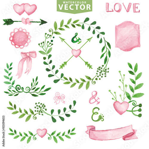 Watercolor Wedding set.Branches,laurels wreath,pink decor