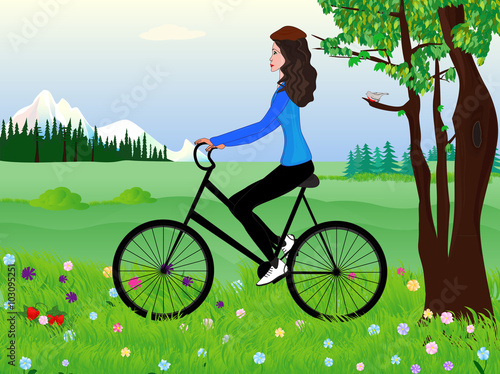 Beautiful girl on a bike at the spring meadow, vector spring background