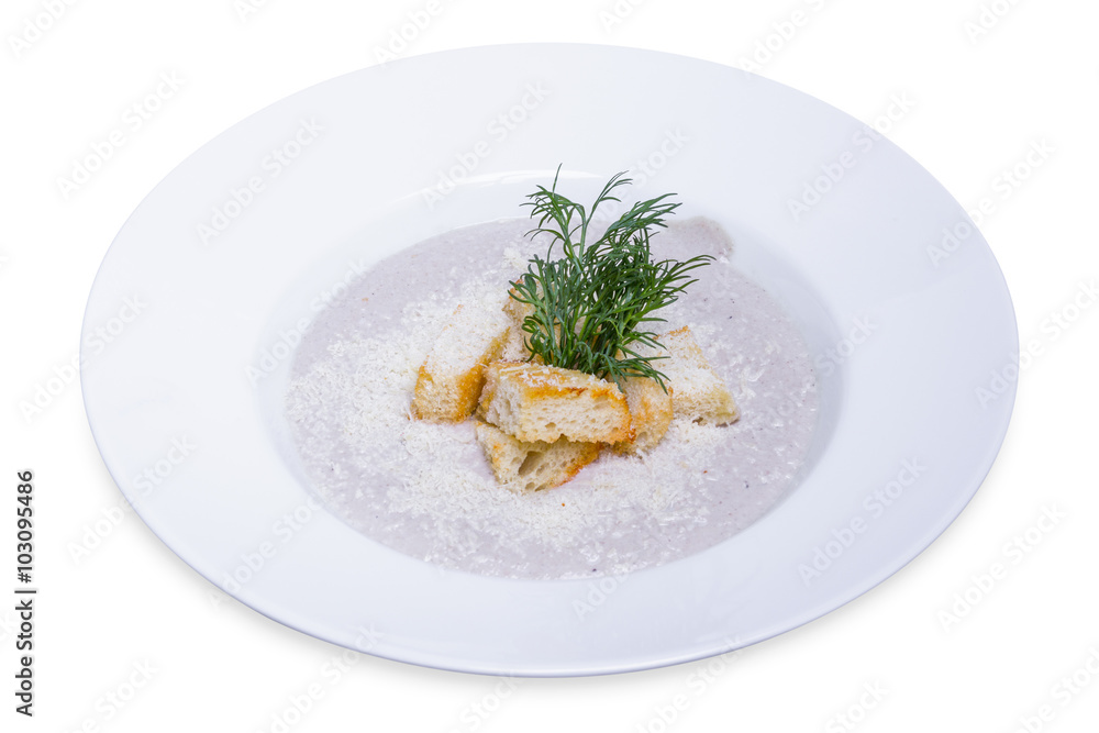 Mushroom cream soup with roasted rusks, isolated Mushroom cream soup with roasted rusks, isolated