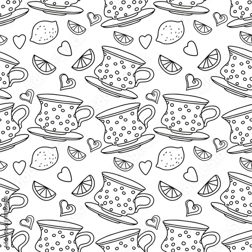 Seamless pattern with cups  lemons and hearts