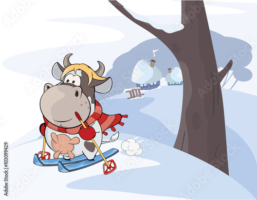 Illustration of a little cow walking ski. Cartoon 