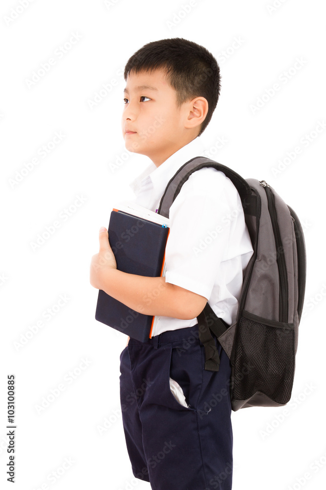 Asian Little School Boy Holding Books with Backpack Asian Little School Boy Holding Books with Backpack