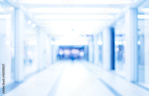 medical blurred background  empty hospital corridor in neon blue