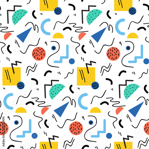 Seamless geometric vintage pattern in retro 80s style, memphis. Ideal for fabric design, paper print and website backdrop. EPS10 vector file.