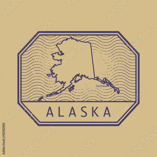 Stamp with the name and map of Alaska, United States