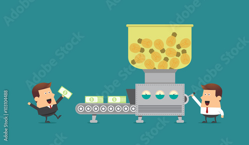 Young businessman and boss with money making machine, Business i