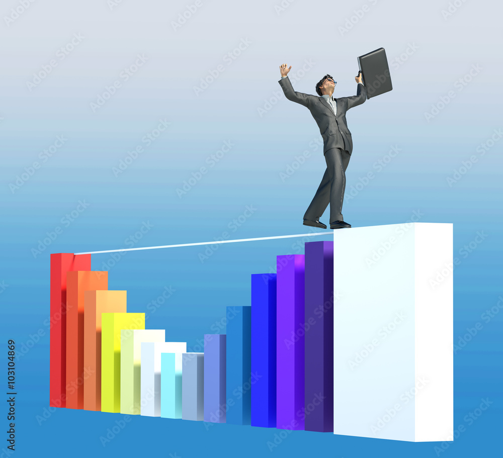 Fototapeta premium Businessman stands victorious above the graph of the profit render 3D