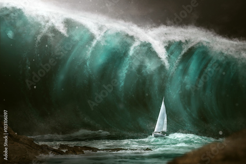 Obraz na płótnie Sailboat in front of a tsunami